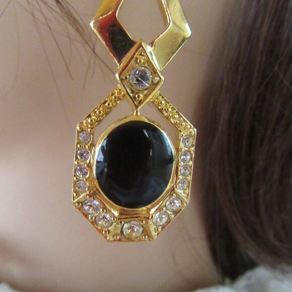 Avon faux onyx & clear rhinestone dangling pierced earrings - Victorian Revival - Picture 4 of 7